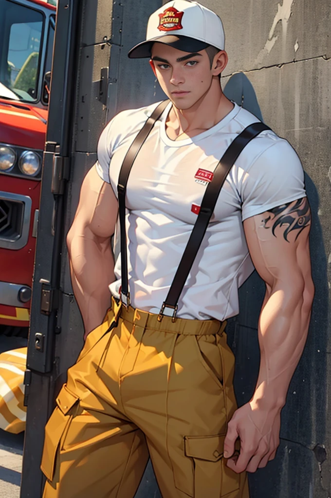 (masterpiece), best quality, expressive eyes, perfect face, 1 boy, ************, Muscle Man, Bodybuilder,Have a tattoo, Soaked white T-shirt, trousers, Suspenders, hat, Firemen装备, <Lola:clothing_-_Sexy_Firemen_full outfit:0.7,