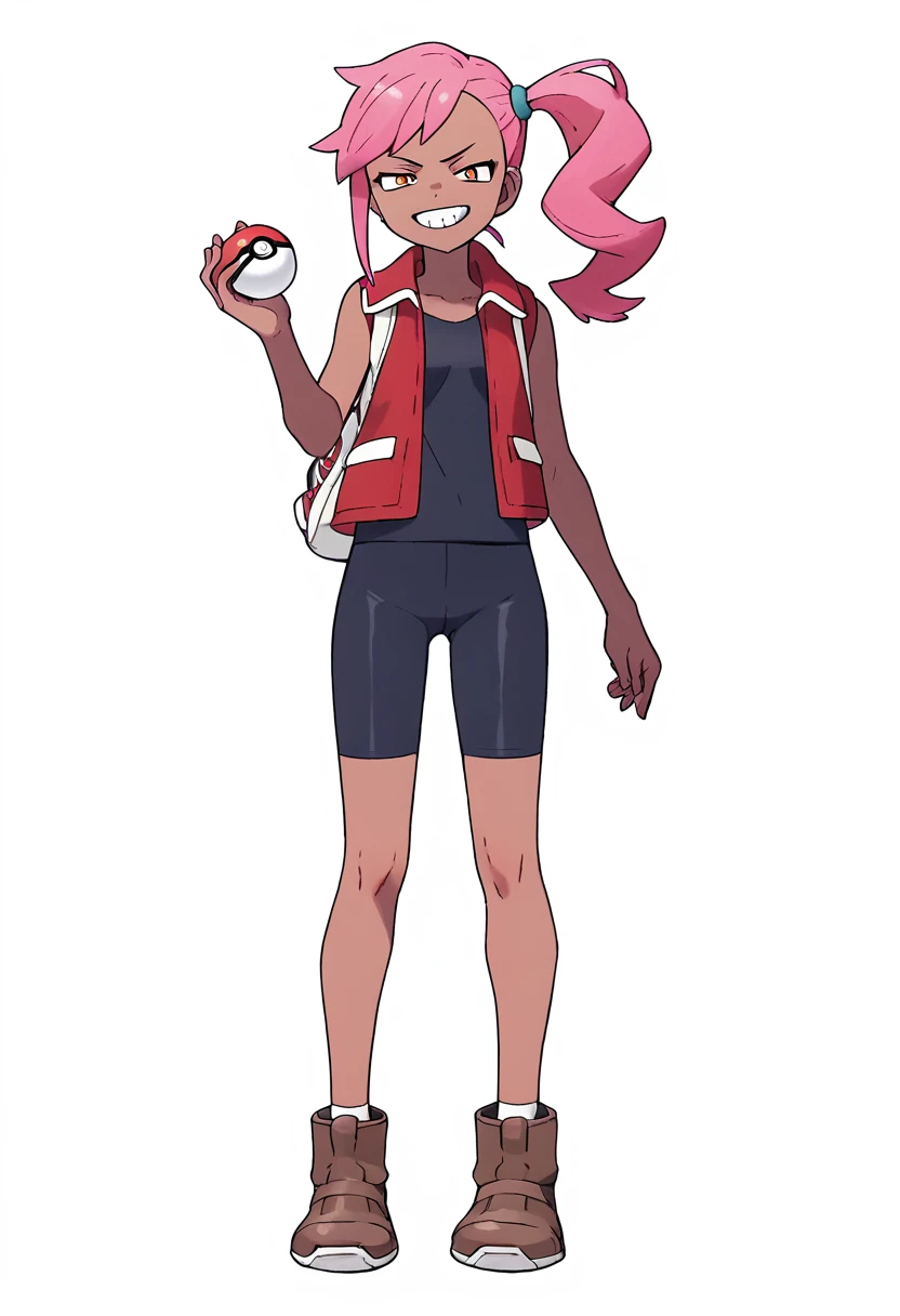 ((((white backgrond)))), simple background, watercolor, 1girl, standing, smile, long hair, side ponytail, pink hair, dark skin, orange eyes, smug, teeth, front view, bike shorts, red vest, black tank top, brown footwear, holding pokeball, score_9, score_8_up, score_7_up, score_6_up, score_5_up, score_4_up, BREAK source_anime, masterpiece