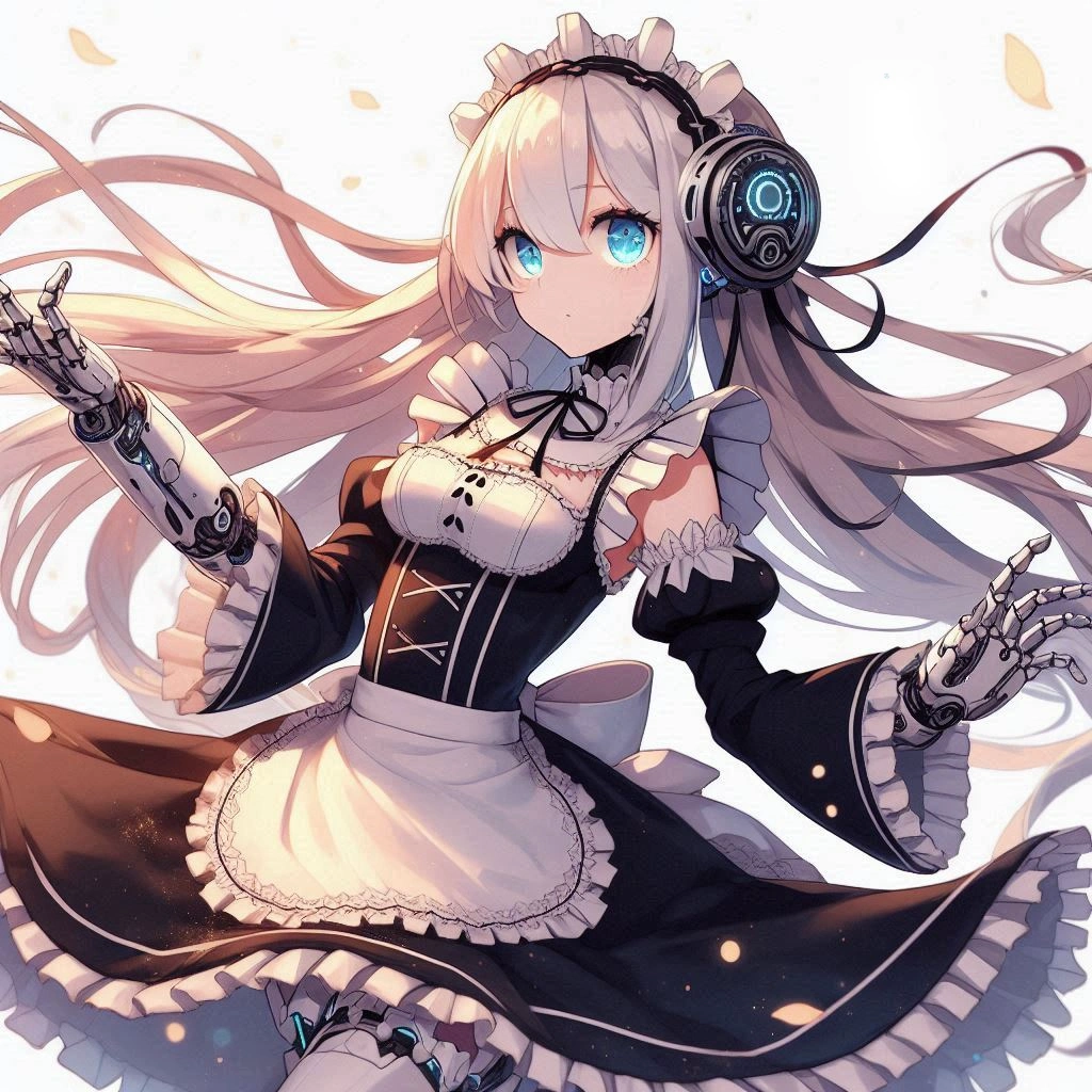 square hairstyle, hair black and white, The eyes are black, silver bells instead of headphones