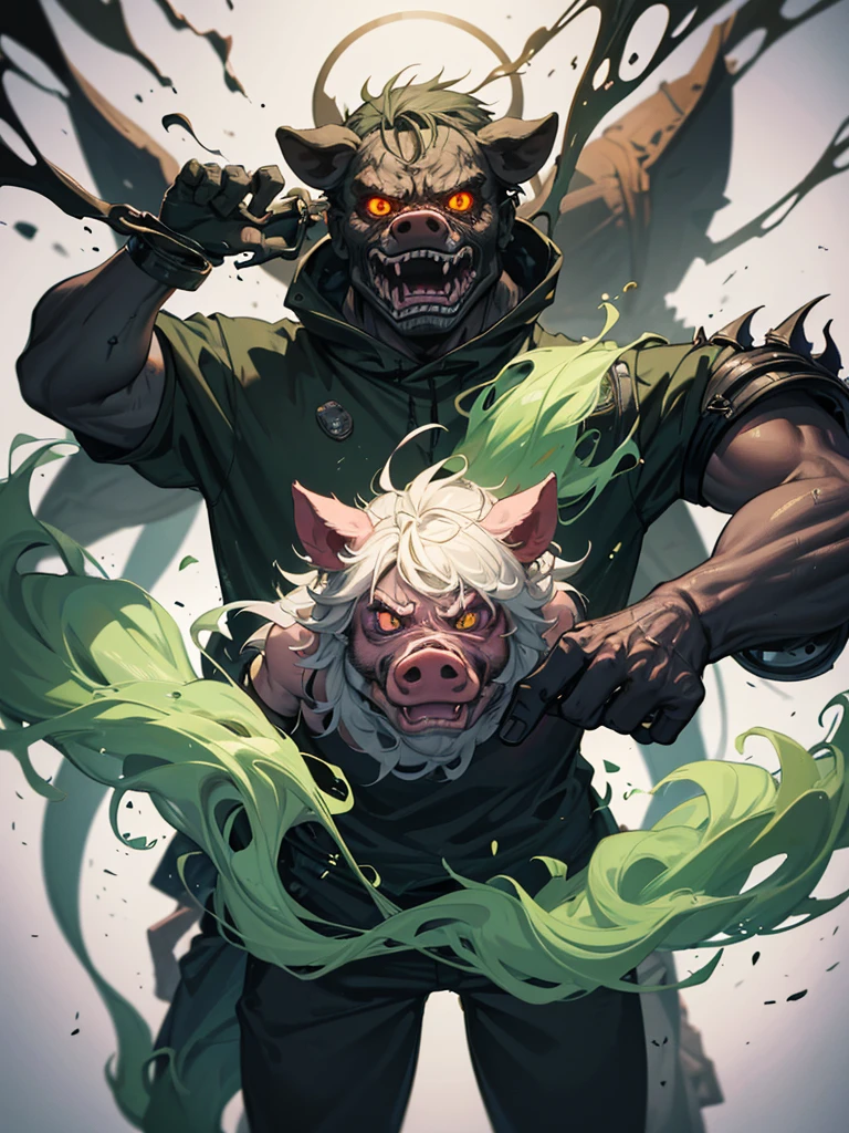 the face of a demonized and furious pig, half Cyborg and zombie. an angry pig with very bright eyes and smoke from its nose and green slime from its fanged snout. fire and heavy metal guitars. It's a poster for a horror and horror movie, It's a nightmare image.