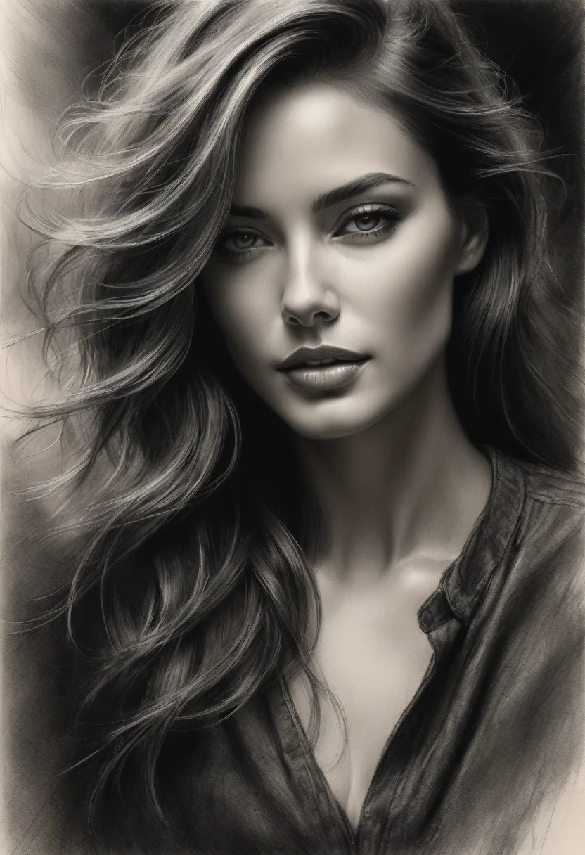 best quality,ultra-detailed,realistic sketch:1.5,charcoal,portrait,paper texture,detailed facial features,shading and highlights,dynamic composition,expressive strokes,contrast,highlights and shadows,black and white,emotion and expression,exquisite details,subtle textures,hand-drawn,precise lines,fine art,high-contrast,dramatic lighting,skilled craftsmanship,aesthetic appeal,polished finish,professionally executed