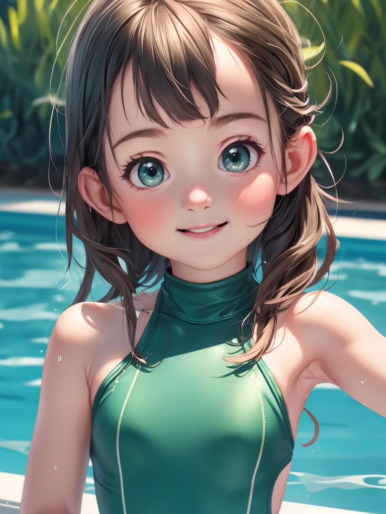 best quality, masterpiece, ultra high res, (photorealistic:1.4), RAW photo, Intricate details, ((Perfect Anatomy)), Big beautiful eyes, Perfect contours, masterpiece, One girl, ((Elementary school girl)), Shortcuts, Medium chest, (one piece, turtleneck,No sleeve), Transparent and clear metallic green swimsuit, 　tight high leg swimsuit, Portrait, ((Face close up)), Looking at the viewer from the front, Outdoor swimming pool, Partially submerged, Wet Skin, Smile, (armpit), Hands do not hold anything