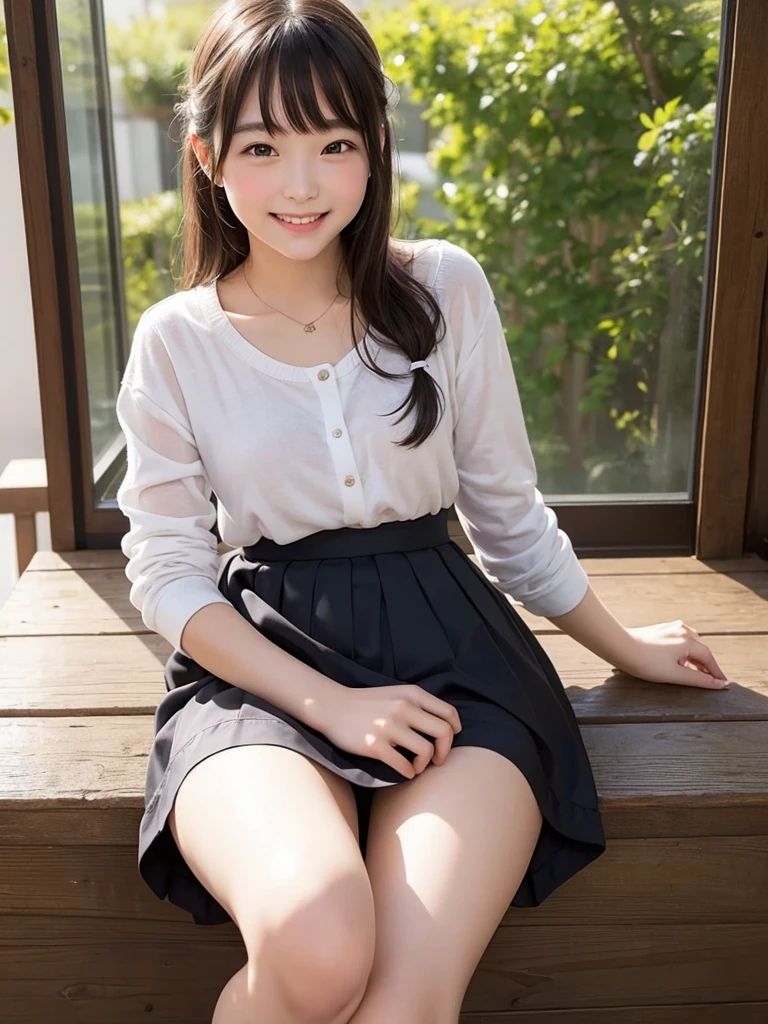 Very cute girl、beautiful girl、Sitting、Spread your legini skirt、Cute Panties、smile,from below