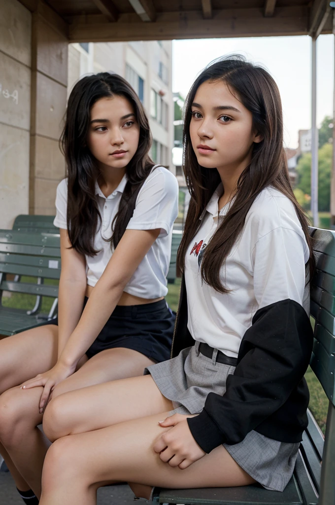 a beautiful girl, , short tomboy hair, wearing , sitting on a school bench, chatting with a beautiful girl 17ith long smooth black hair wearing the same uniform talking to the girl. crowded classroom atmosphere. 3d realistic art.