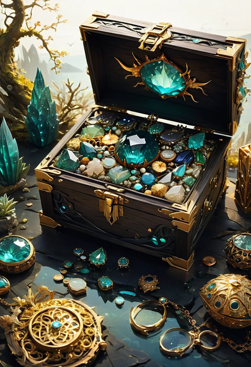Mimic Monster disguise Treasure Box. Scattered jewelry, by Jon Klassen, best quality, masterpiece, very aesthetic, perfect composition, intricate details, ultra-detailed