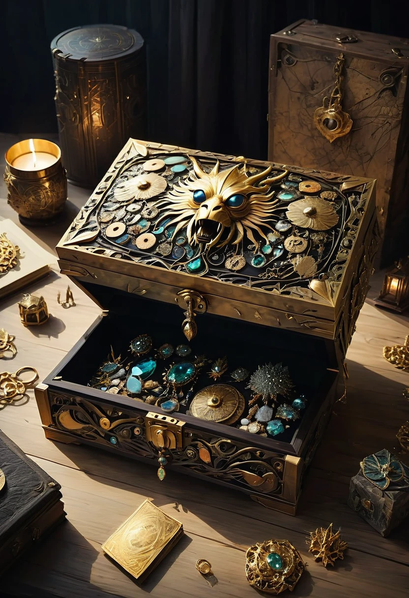 Mimic Monster disguise Treasure Box. Scattered jewelry, by Jon Klassen, best quality, masterpiece, very aesthetic, perfect composition, intricate details, ultra-detailed