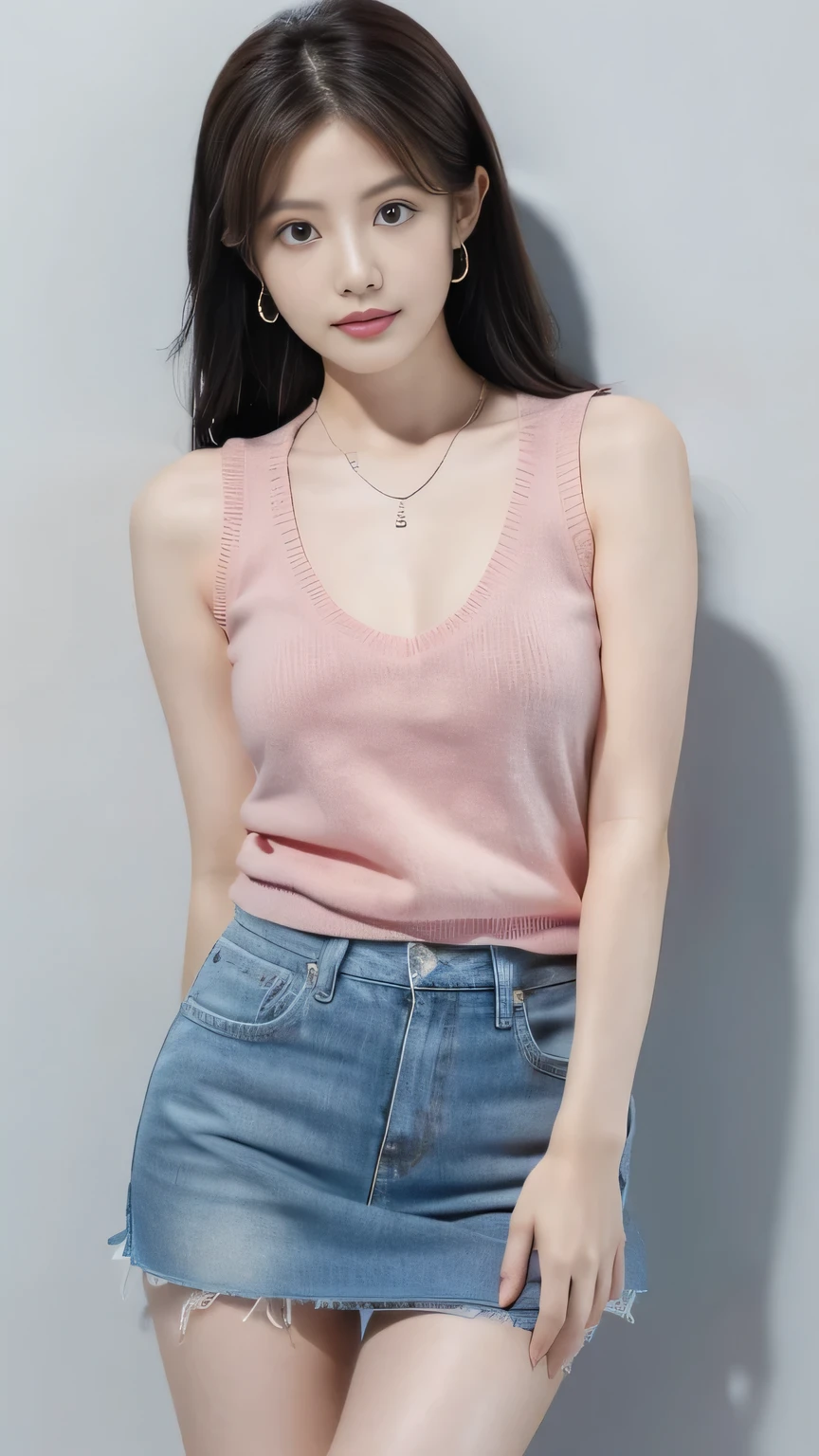Leaning forward,She has medium sized breasts,One girl, alone, Japanese women, Mature Woman,Tight Skirt,Sleeveless V-neck summer sweater,Thin legs,necklace,Earrings,watch,