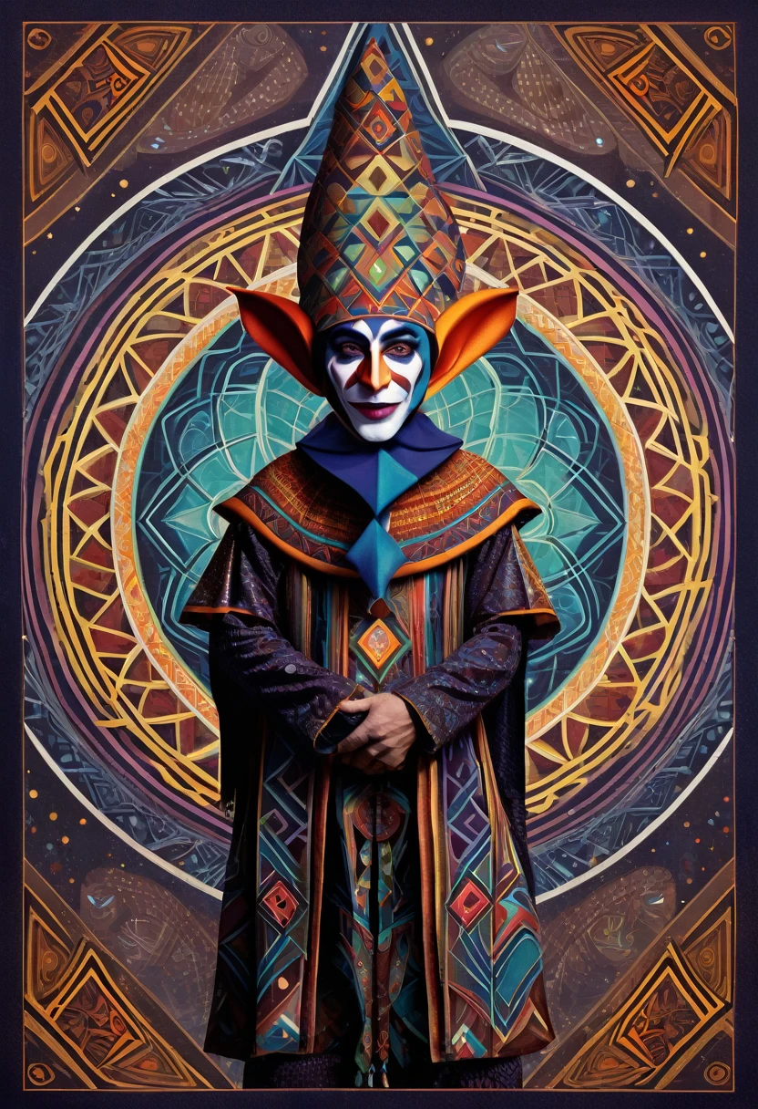 a jester wearing his 6 pointed hat and holding a squared sign in front of him, center, detailed, geometric patterns, visionary art, shamanic, dark colors