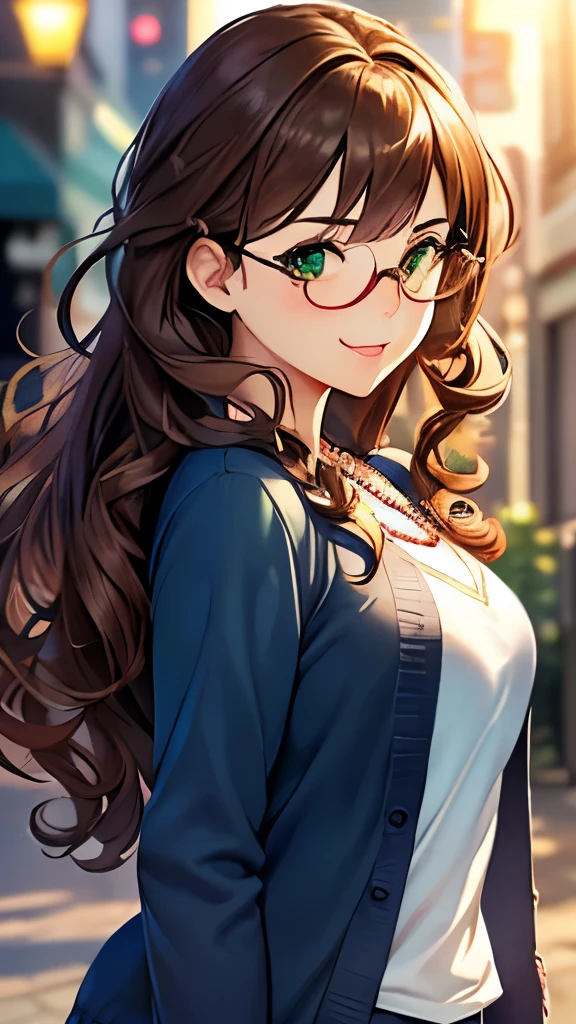 ((masterpiece, Highest quality, High resolution, 超High resolution, Pixel perfect, Depth of written boundary, 4K, RTTX 10.0, High resolution))), One girl, single, alone, Beautiful Anime Girls, Beautiful art style, Anime characters, ((Long Hair, bangs, Brown Hair, Curly Hair:1.2)), ((Green Eyes:1.4, Round eyes, Beautiful eyelashes, Realistic eyes)), ((Detailed face, Blushing:1.2)), ((Smooth texture:0.75, Realistic texture:0.65, Realistic:1.1, Anime CG Style)), Medium chest, Dynamic Angle, Perfect body, Dynamic pose, ((close, throw, cute, Shoot in the face, smile, Open your mouth)), ((Casual clothing, Beaded Necklaces, knit cardigan, Over-rim eyewear)), Walking in the city at night, shoot from side