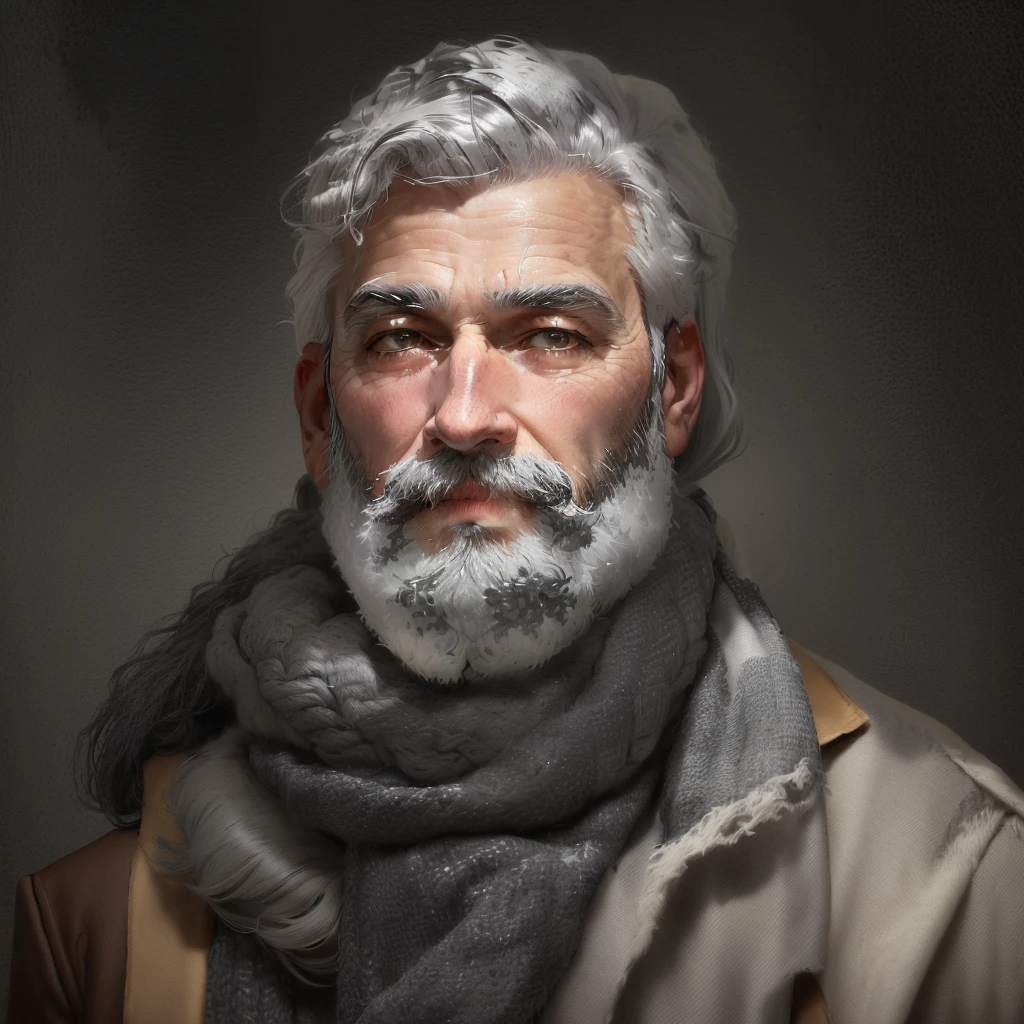 bushy man with beard and scarf, gray hair and beard, dark grey haired man, some grey hair in beard, short white beard, greybeard, silver hair and beard, he has a beard and graying hair, greybeard, well-groomed white beard and hair, white hair and beard, greybeard aparada, midle age man