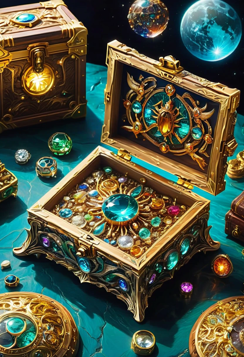 Mimic Monster disguise Treasure Box. Scattered jewelry, by Wes Anderson, best quality, masterpiece, very aesthetic, perfect composition, intricate details, ultra-detailed