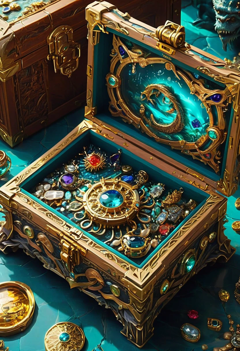 Mimic Monster disguise Treasure Box. Scattered jewelry, by Wes Anderson, best quality, masterpiece, very aesthetic, perfect composition, intricate details, ultra-detailed