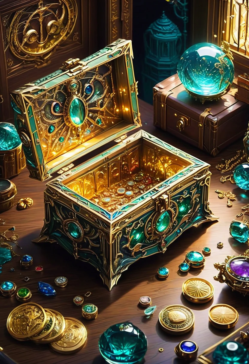 Mimic Monster disguise Treasure Box. Scattered jewelry, by Wes Anderson, best quality, masterpiece, very aesthetic, perfect composition, intricate details, ultra-detailed