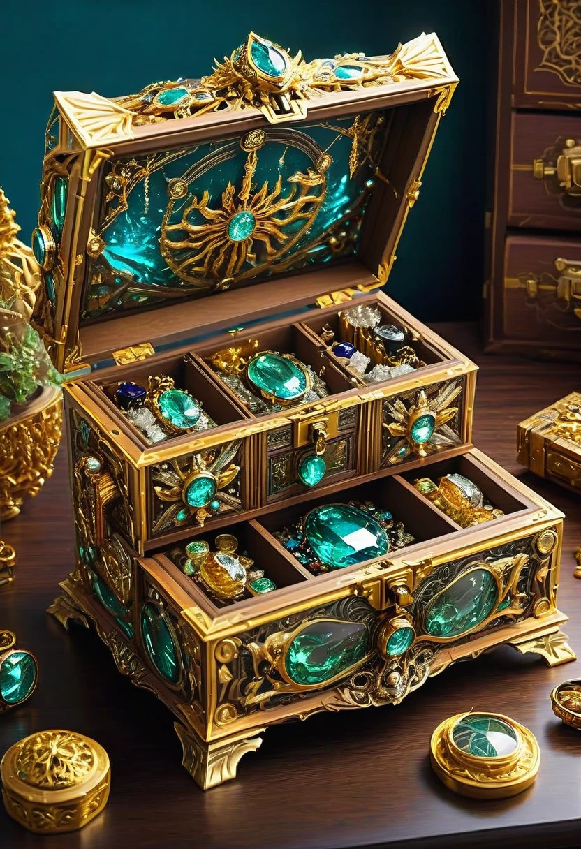 Mimic Monster disguise Treasure Box. Scattered jewelry, by Wes Anderson, best quality, masterpiece, very aesthetic, perfect composition, intricate details, ultra-detailed