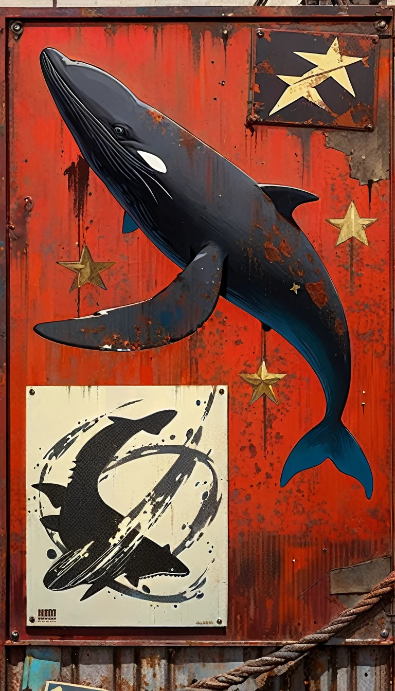 simple decorative rusty metal sign with a drawing of an 1black killer whale Gladis and a 1communist star, artwork inspired by Dave McKean, vivid colors, intricate details, oil painting.