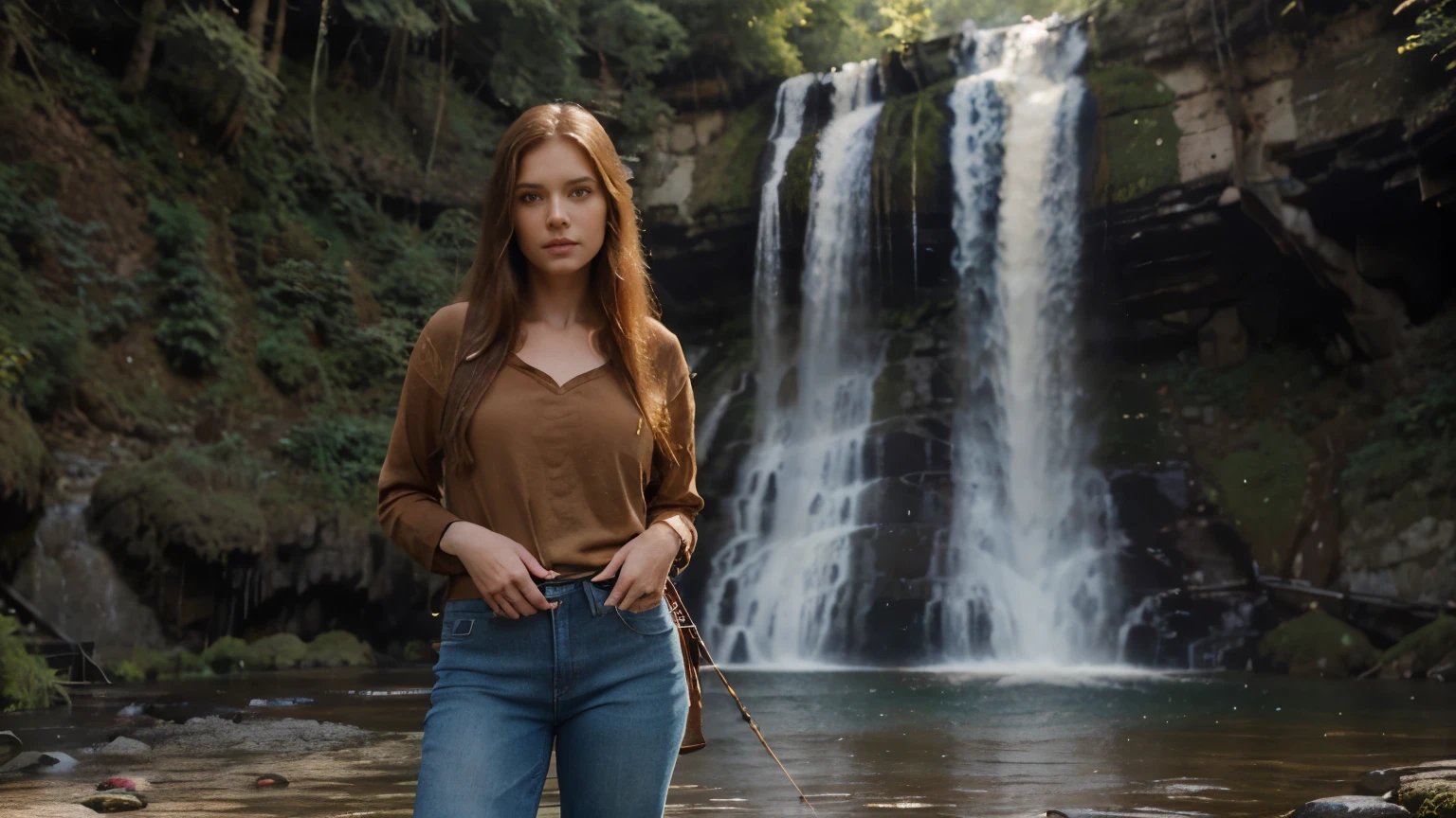 ((1 woman)), 25 years old. Skin: Fair. Hair: Long straight hair, light brown or redhead. Eyes: Blue or green. Features: Delicate face, calm expression. ((Wearing a brown shirt and jeans)). in front of a waterfall, horse on the side. Bones and a crossbow in the ground