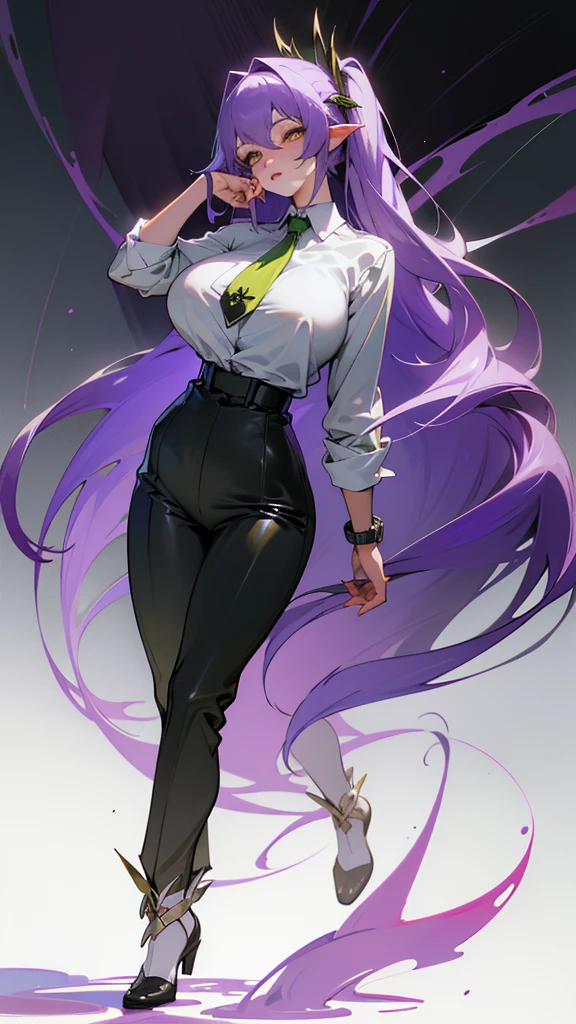(Surreal), (Illustration), (High resolution), (in 8K), (Extreme Detail), (Best Illustration), (beautiful detail), (Best Quality), (masuter piece), (Wallpaper), ( Detailed face), purple color hair、poneyTail、yellow eyes、an eye patch、Black shirt、pant suit、neck tie、deacon、Wear less revealing clothing、full body Esbian、Realistic fantasy rendering, Realistic anime girl rendering, Full body portrait, (Big Breast: 1.4) popular in CGSTATION, wlop. 4K、highlight in eyes、Night background