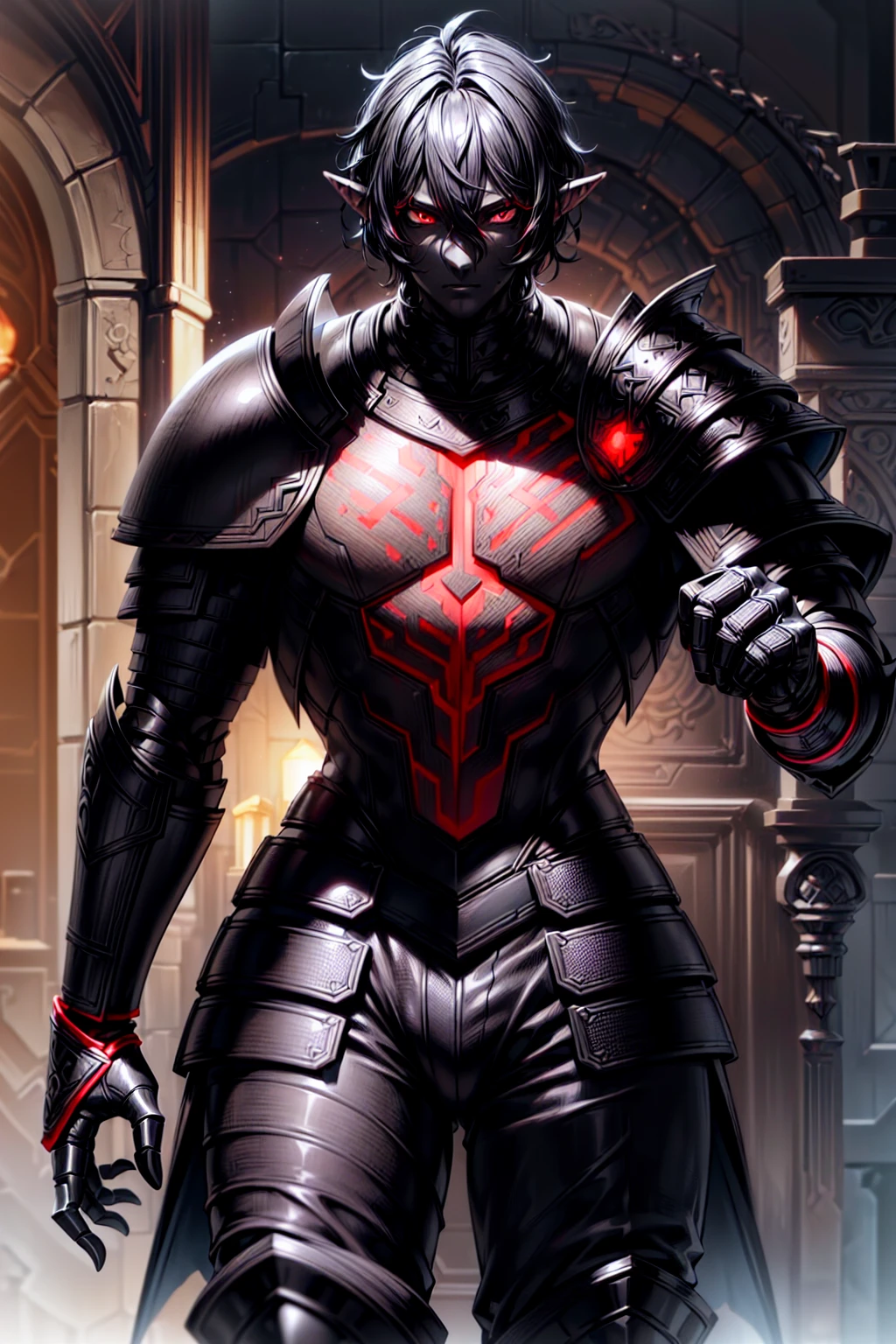 1boy, masterpiece, perfect face, (((((Completely black skin color))))), ((red eyes)), (Black hair), ((perfection)), (perfect eyes), (((Black jeans, light armor))), 8k, 4k resolution, highly detailed, ((handsome muscular mature man)), (half elf), (portrait),