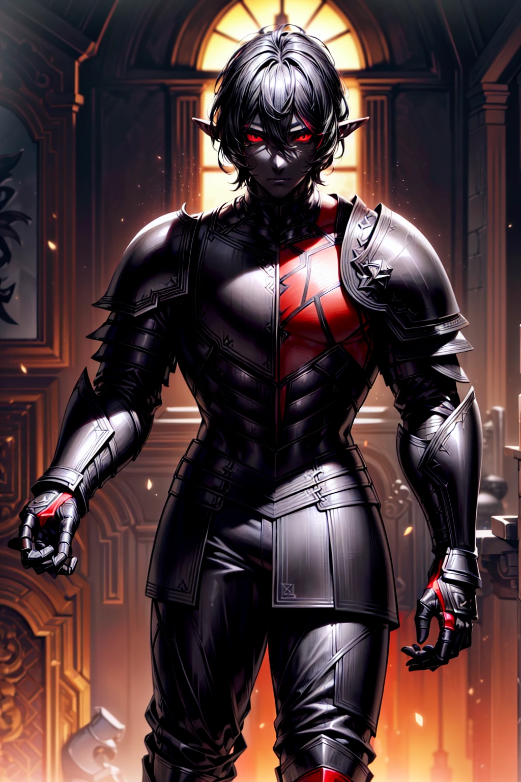 1boy, masterpiece, perfect face, (((((Completely black skin color))))), ((red eyes)), (Black hair), ((perfection)), (perfect eyes), (((Black jeans, light armor))), 8k, 4k resolution, highly detailed, ((handsome muscular mature man)), (half elf), (portrait),