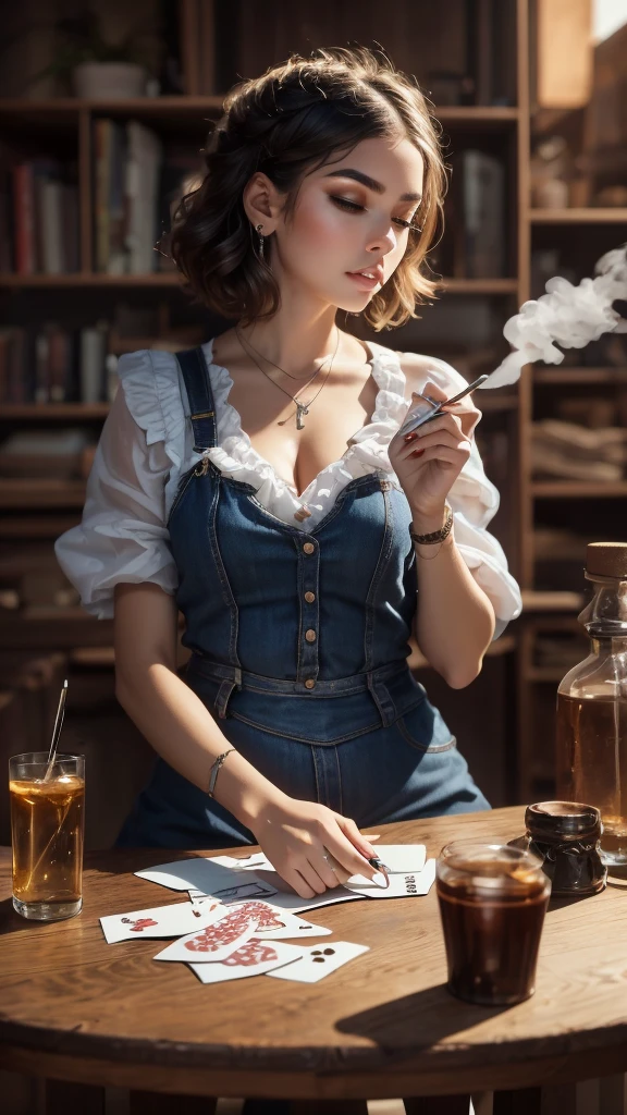 Short-haired cowgirl in a saloon in the Old West,rubio,session,smoking,Mesa Wisky,piano,6-bullet revolver,Barrel,Mesa,Playing cards,dust,artwork,3D,4k,detailed,realist