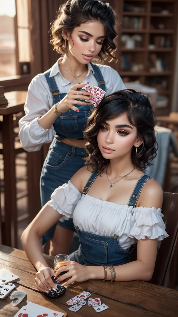 Short-haired cowgirl in a saloon in the Old West,rubio,session,smoking,Mesa Wisky,piano,6-bullet revolver,Barrel,Mesa,Playing cards,dust,artwork,3D,4k,detailed,realist