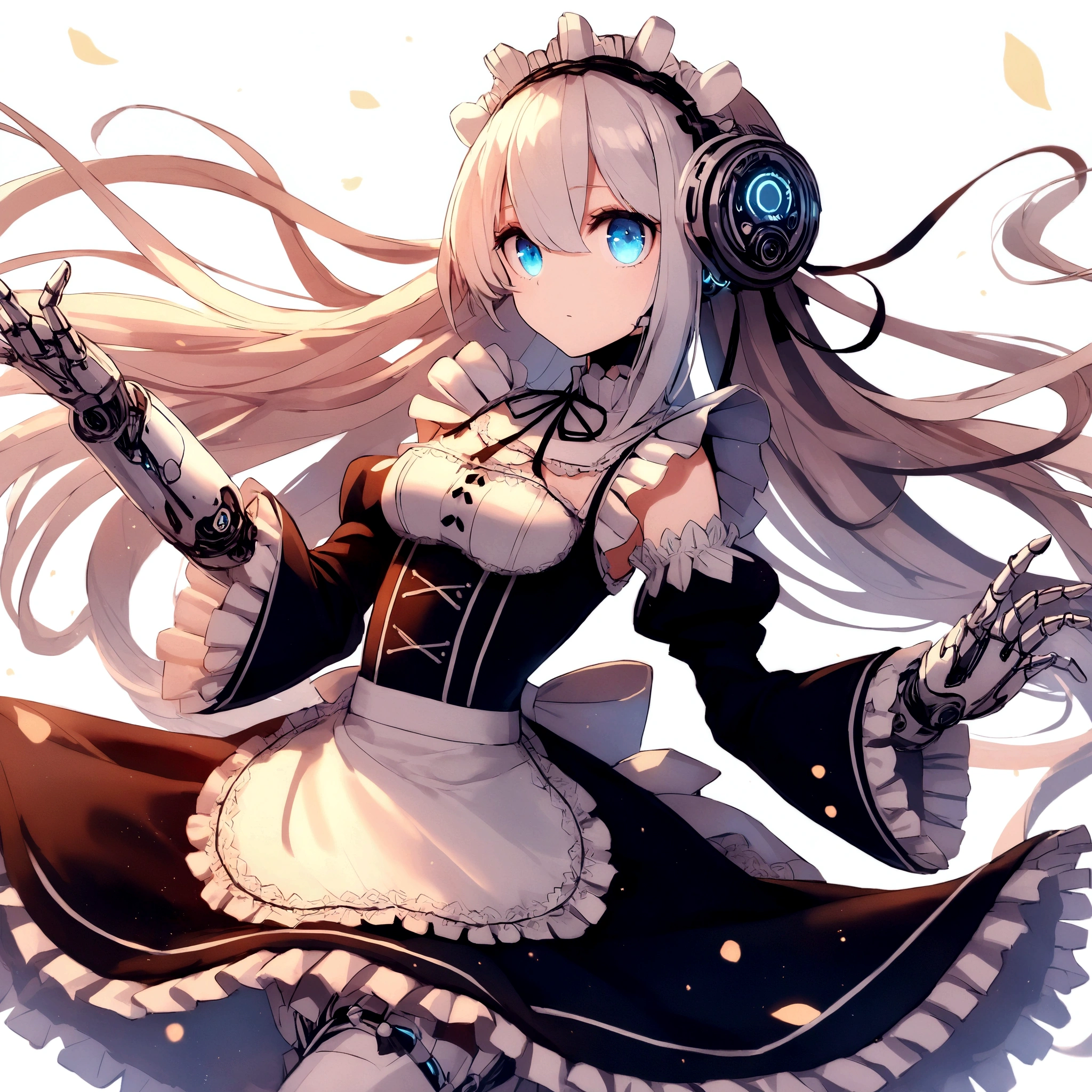 square hairstyle, hair black and white, The eyes are black, silver bells instead of headphones
