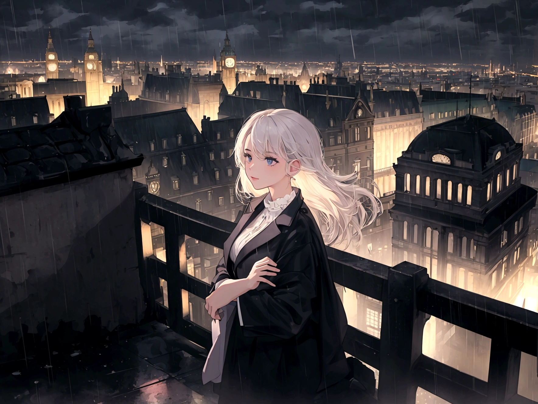 wide shot,4K, 8K, masterpiece, Highest quality, Upper Body, One girl,city, night,rain,london, night sky