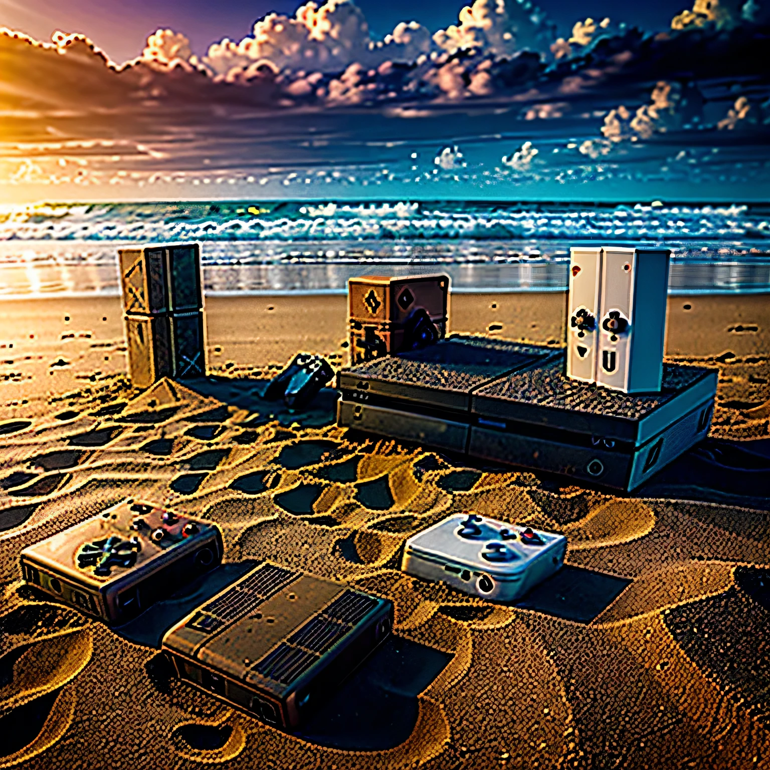 a field of buried gaming consoles, Playstation, Xbox, Nintendo, in the sand on a beach, detailed, highly realistic, 8k, photorealistic, dramatic lighting, cinematic composition, vivid colors, moody atmosphere, sand texture, rusted consoles, seashells, driftwood, waves crashing