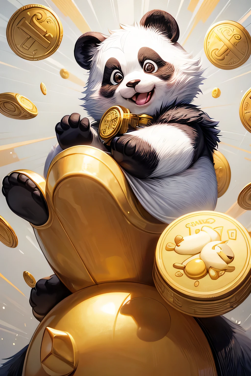 a logo with a light gray background and a price statistic going up and in front of it a cartoon baby panda surrounded by many gold coins and holding a gold coin in his hands 