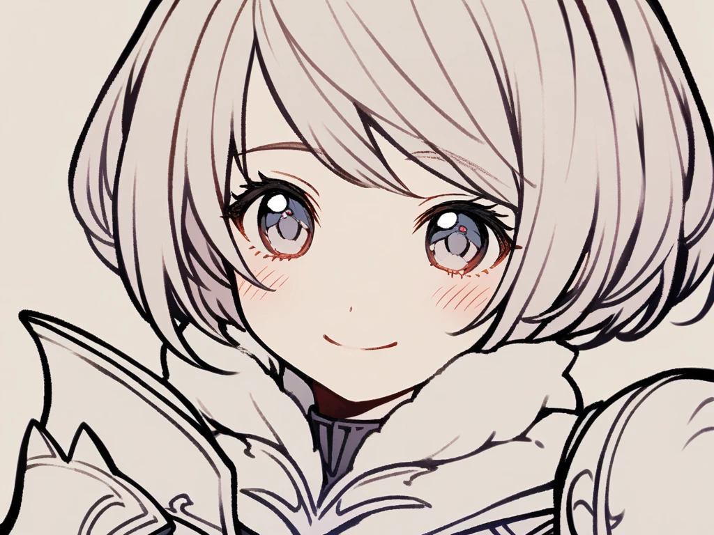 1girl, 
mog, final fantasy, 
solo, short hair, blush, armor, smile, upper body, simple background, closed mouth, swept bangs, head only, lineart, white background, looking at viewer, tareme, light smile, eyelashes, 
  safe
 