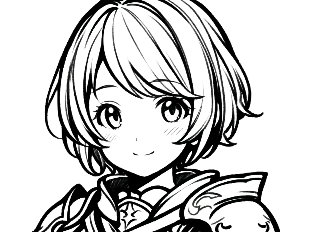 1girl, 
mog, final fantasy, 
solo, short hair, blush, armor, smile, upper body, simple background, closed mouth, swept bangs, head only, lineart, white background, looking at viewer, tareme, light smile, eyelashes, 
  safe
 