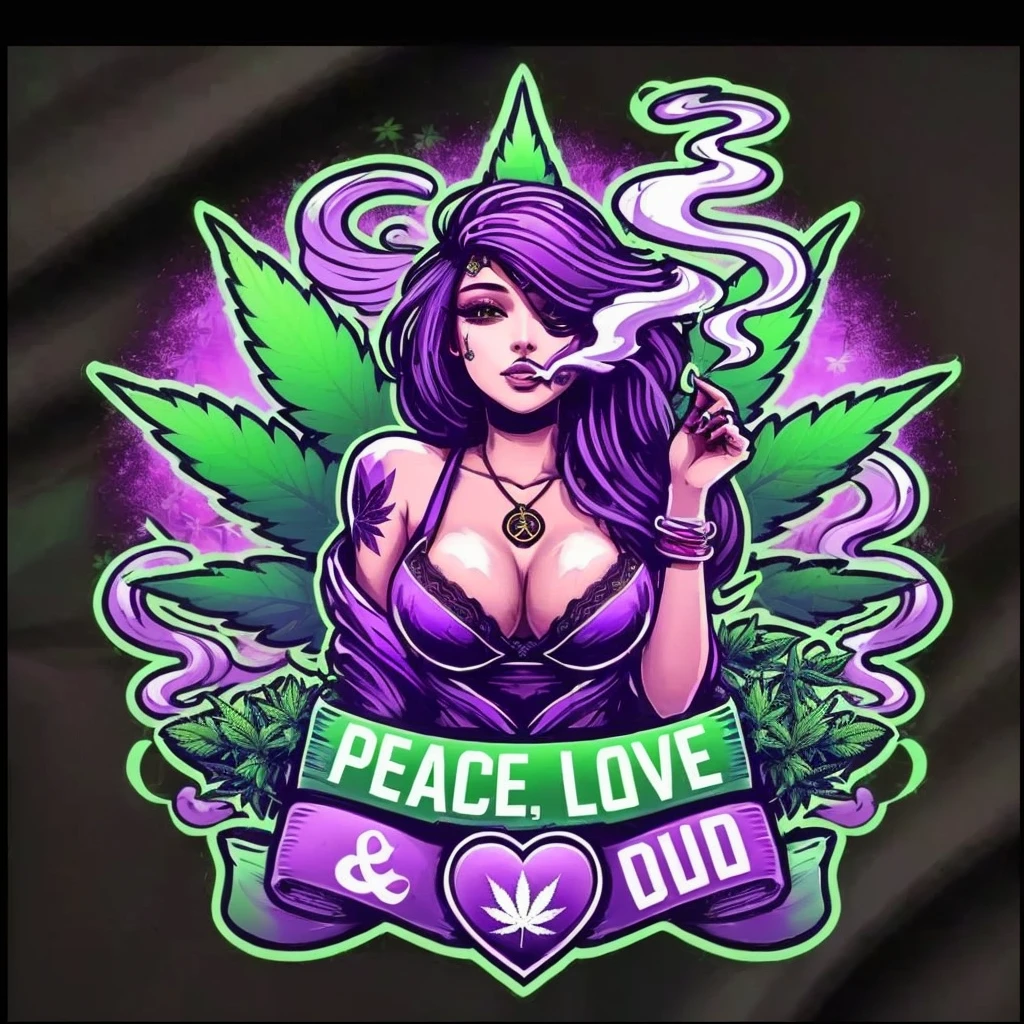 a woman with a marijuana leaf and peace love and bud, peace and love, marijuana themed, goddess of love and peace, personification of marijuana, some green and purple, purple haze, wearing a marijuana t - shirt, love peace and unity, # smokeweedeveryday, princess of cannabis, black light velvet poster, weed, weed background, purple and green