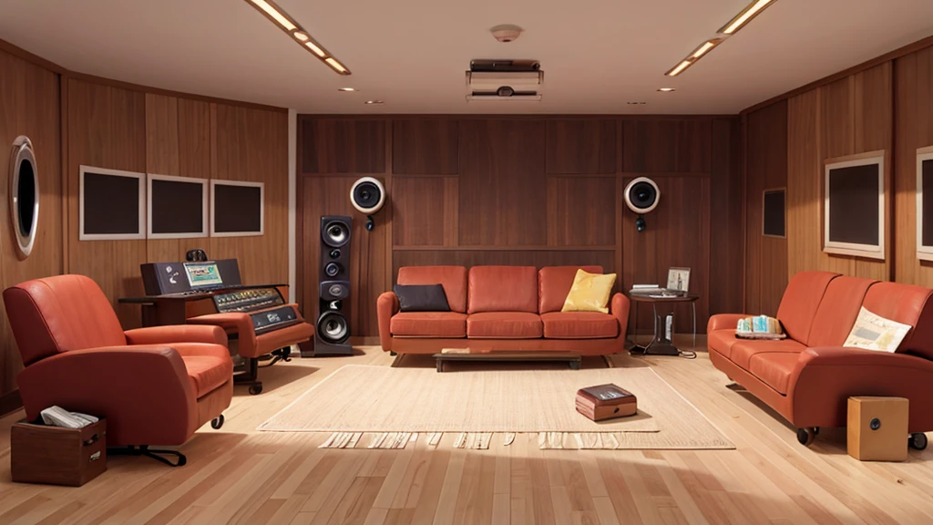 deserted recording studio, sofa in the center