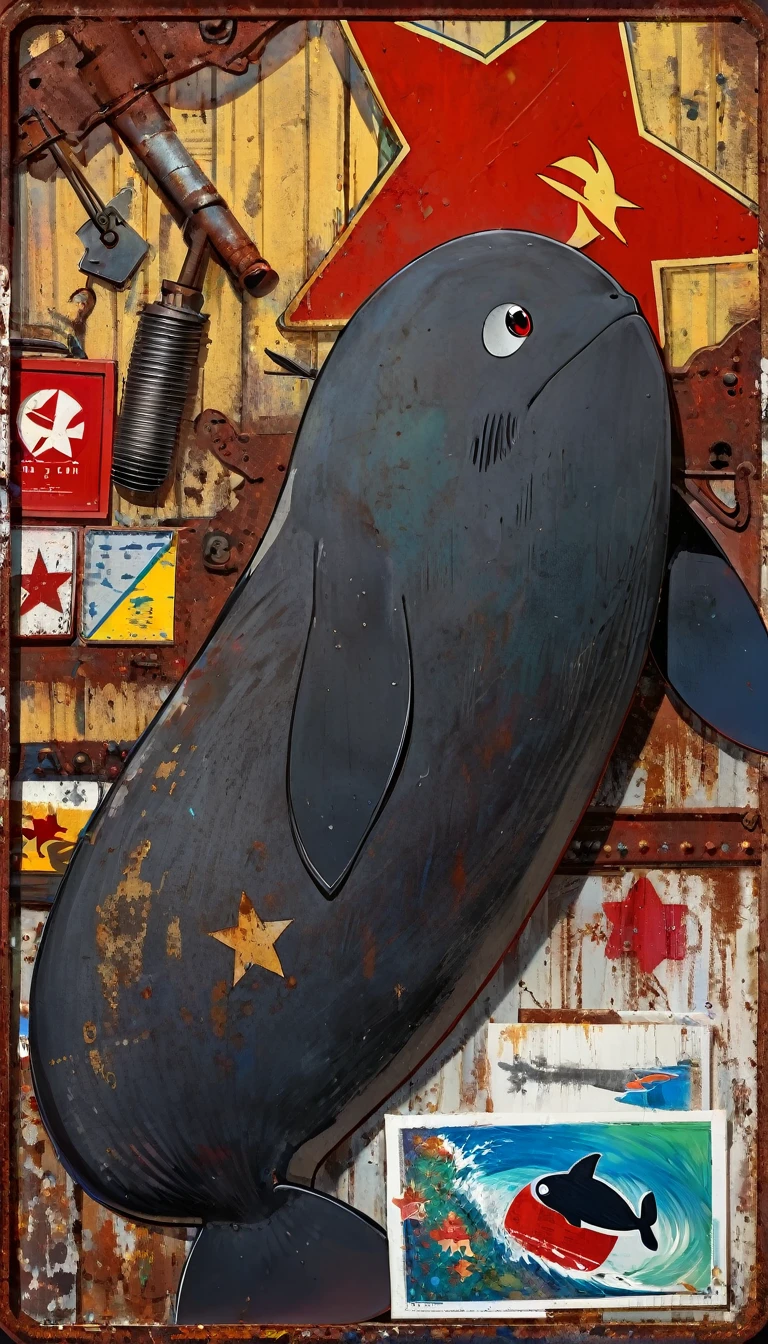 simple decorative rusty metal sign with a drawing of an 1black killer whale Gladis and a 1communist star, artwork inspired by Dave McKean, vivid colors, intricate details, oil painting.