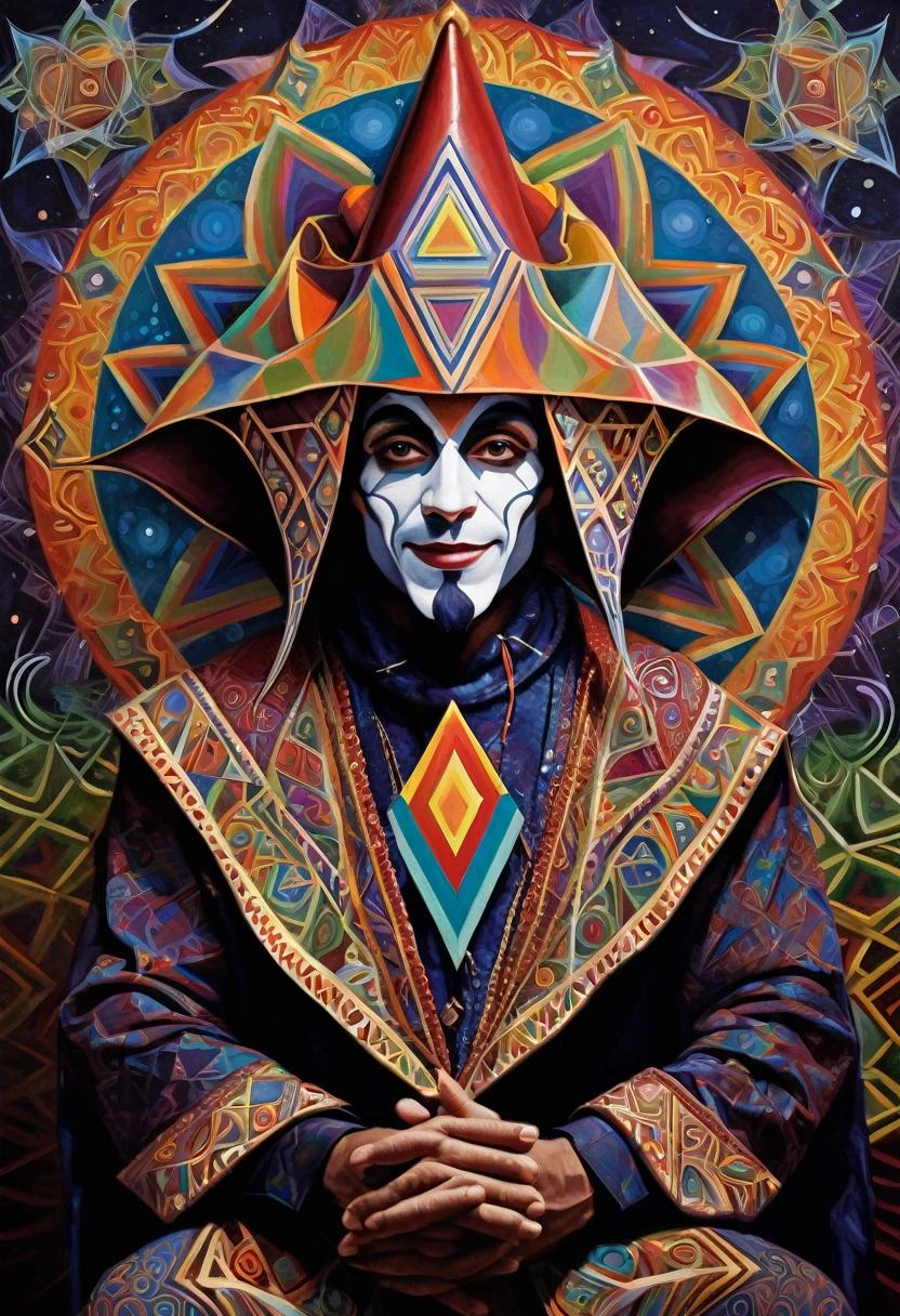 a jester wearing his 6 pointed hat presenting a painting next to him, center, detailed, geometric patterns, visionary art, shamanic, dark colors