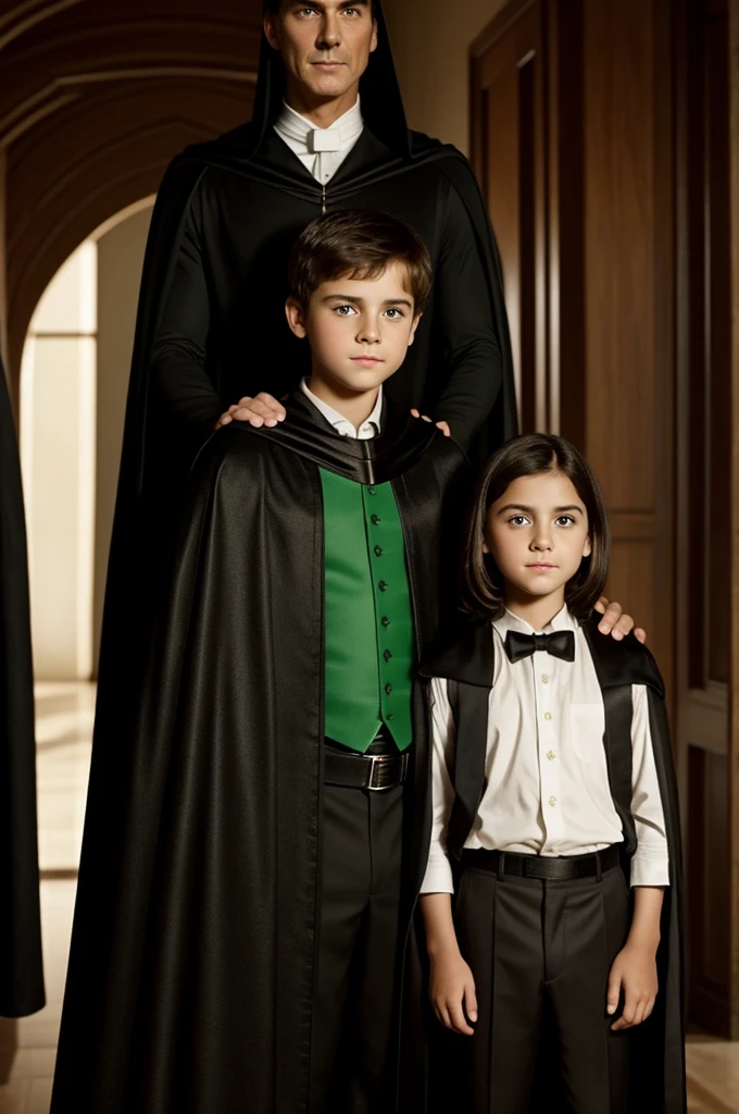 A boy with brown hair, White skin, green eyes, and a 10-year-old hair are in front of a tall, thin man with a black cape.