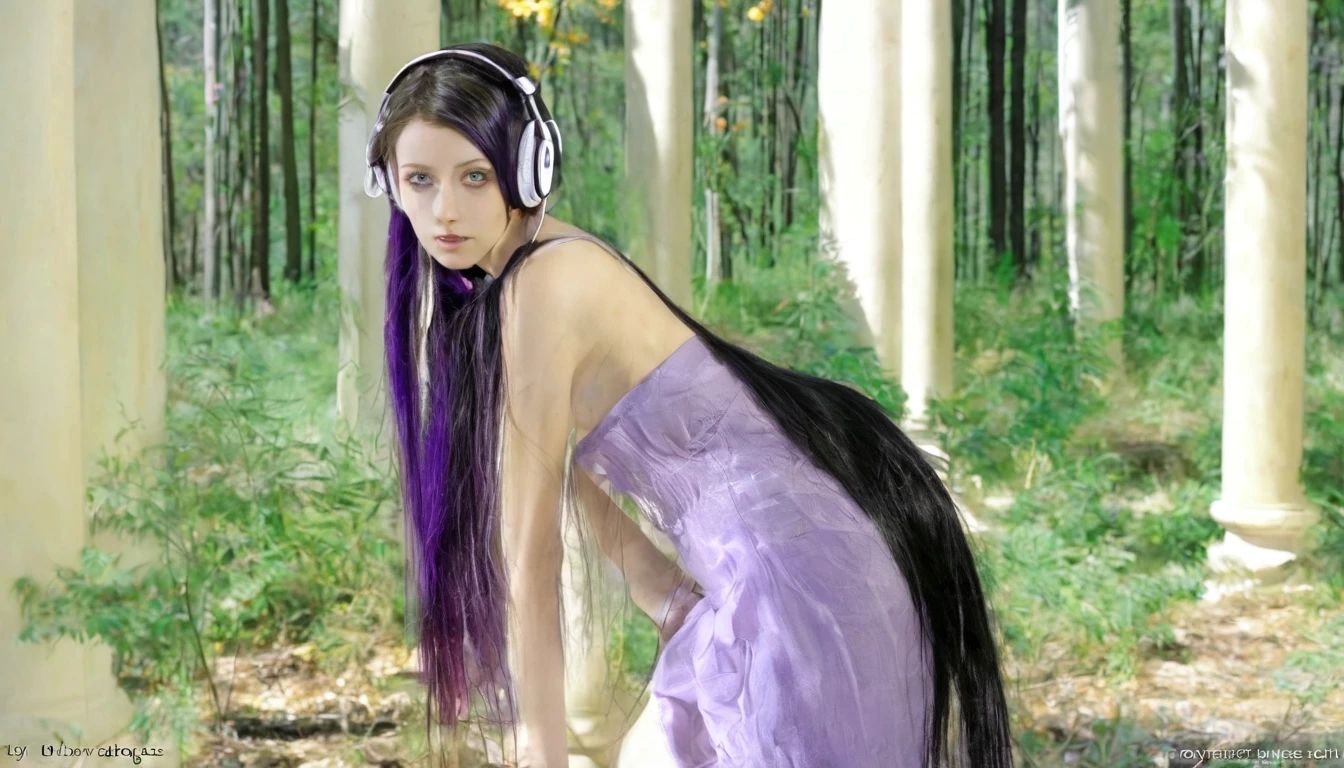 HDR, BETTER IMAGE, WOMAN WITH GREEN EYES, FULL BODY IMAGE, WITH SMALL HEADPHONES, LISTENING TO MUSIC, LONG PURPLE STRAIGHT HAIR, NATURE, FOREST, IVORY HOUSE WITH GOLD, IVORY COLUMN WITH GOLD, YOUTUBE SYMBOL