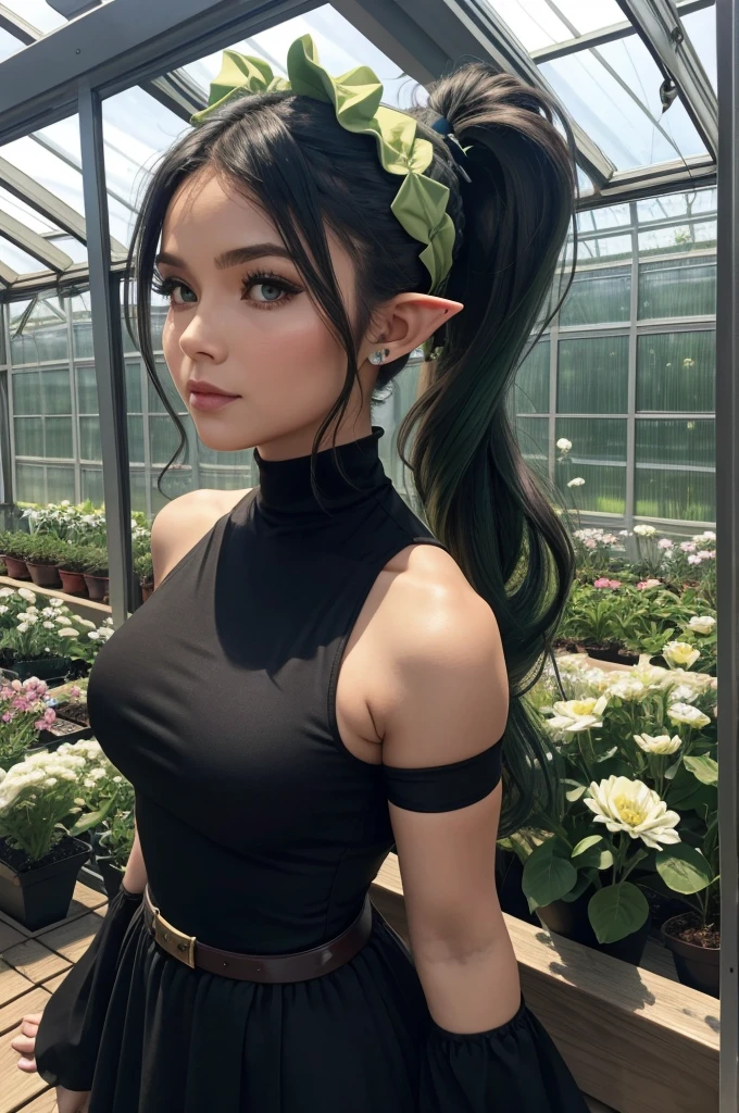 30 year old woman from Saturn, elf ears, thick athletic body, beautiful, cute, green ponytail hair with flower headband, in greenhouse, wearing long black dress at news studio