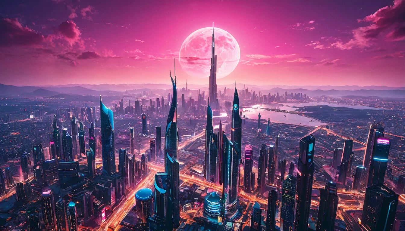 ((photorealism real photo hyperrealism)) photorealistic and cinematic image of Aerial angle of a futuristic city with tall towers of gleaming crystal and metal! The city has a futuristic high-tech look and even from afar you can see neon lights, and pink sky with giant moon. cinema lighting, relaxed backlit contrast (deep focus) (f_stop 2.8), (focal length 35.0) f/2.8, 35mm focal length photography of (top view: 1.42).analog photo, silhouette, highlight, warm colors, candid Cinema RAW, 16mm, Portra 400 film with graded colors, remarkable, ultra-realistic colors. capture in (Fujifilm X-Pro3) / (f_stop 16.0) (focal_length 24.0), ultra-detailed, photographic, cinematic, fashion, dark fantasy, vibrant, photo, architecture