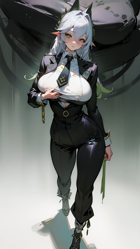 (Surreal), (Illustration), (High resolution), (in 8K), (Extreme Detail), (Best Illustration), (beautiful detail), (Best Quality), (masuter piece), (Wallpaper), ( Detailed face)、poneyTai、an eye patch、Black shirt、pant suit、neck tie、deacon、Wear less revealing clothing、full body Esbian、Realistic fantasy rendering, Realistic anime girl rendering, Full body portrait, (Big Breast: 1.4)  popular in CGSTATION, wlop. 4K、highlight in eyes、Night background