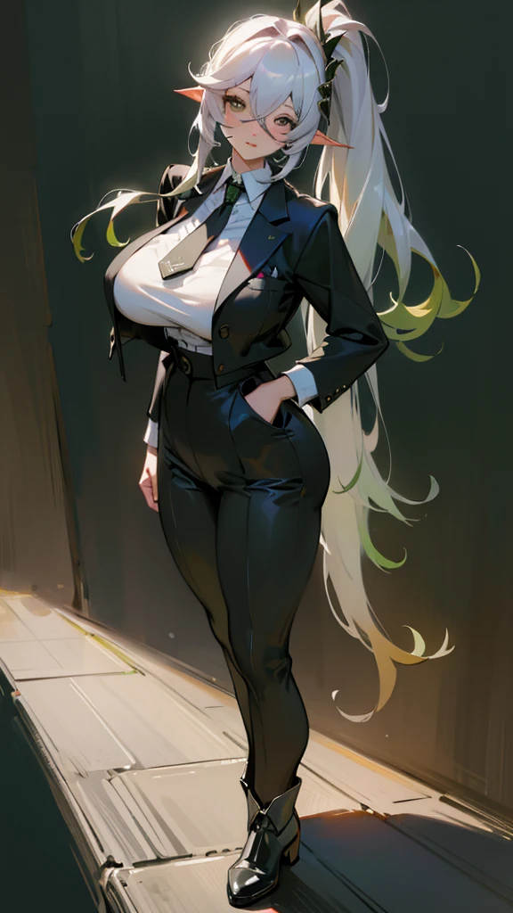 (Surreal), (Illustration), (High resolution), (in 8K), (Extreme Detail), (Best Illustration), (beautiful detail), (Best Quality), (masuter piece), (Wallpaper), ( Detailed face)、poneyTai、an eye patch、Black shirt、pant suit、neck tie、deacon、Wear less revealing clothing、full body Esbian、Realistic fantasy rendering, Realistic anime girl rendering, Full body portrait, (Big Breast: 1.4) popular in CGSTATION, wlop. 4K、highlight in eyes、Night background
