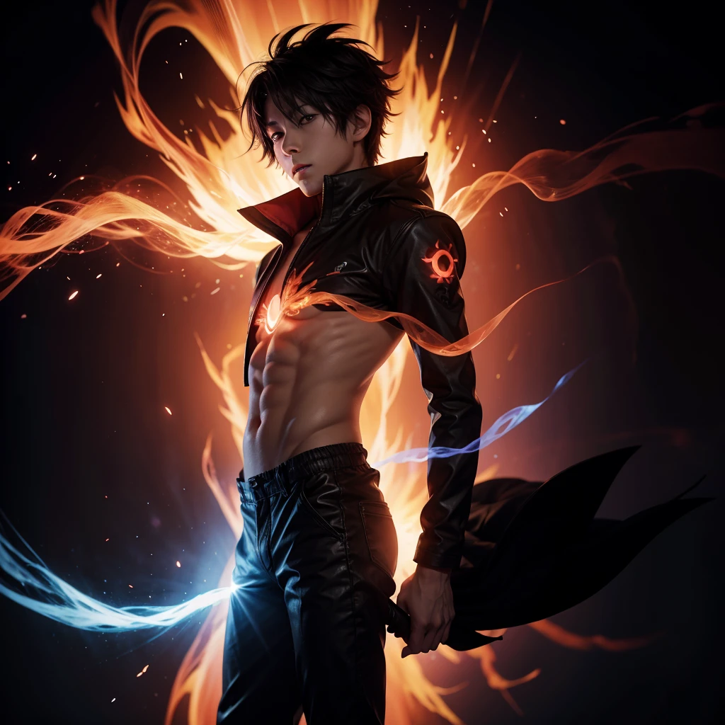 Anime boy silhouette with a red aura and burning background