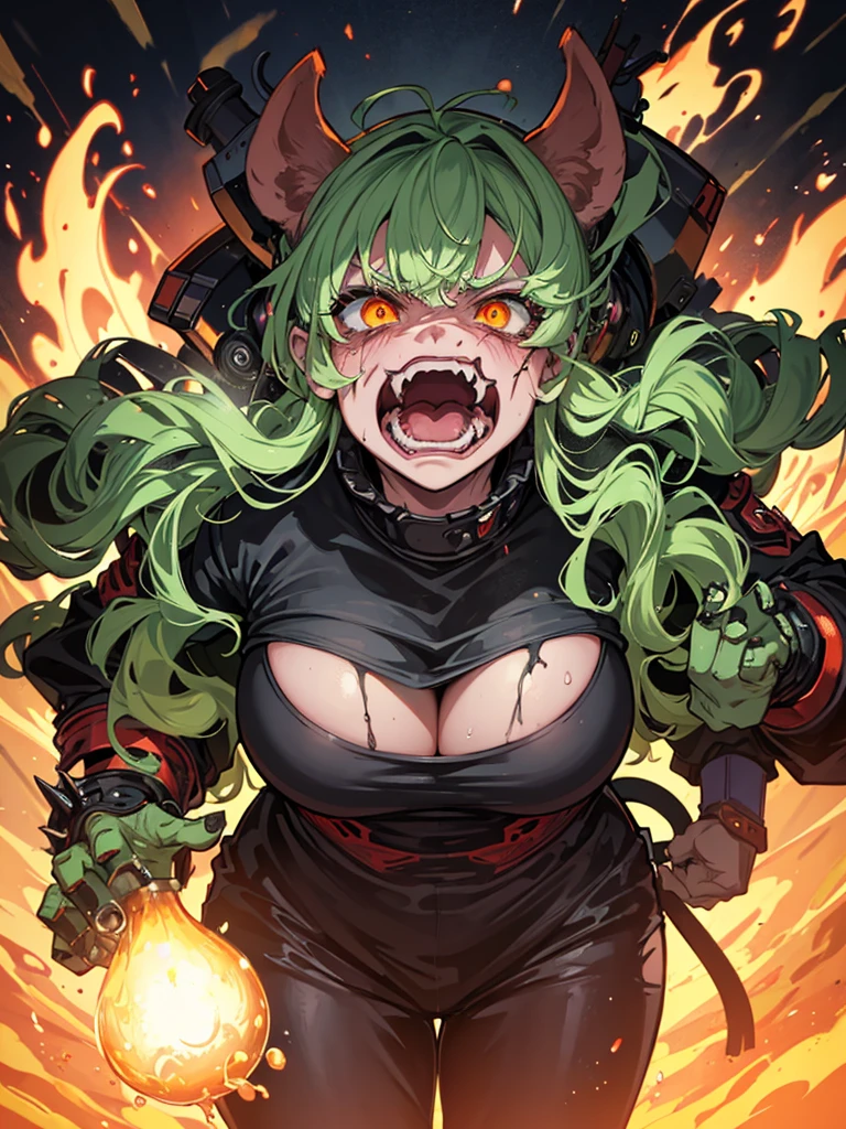  the face of a demonized and furious pig, half Cyborg and zombie. an angry pig with very bright eyes and smoke from its nose and green slime from its fanged snout.  fire and heavy metal guitars. It&#39;s a poster for a horror and horror movie, It&#39;s a nightmare image.