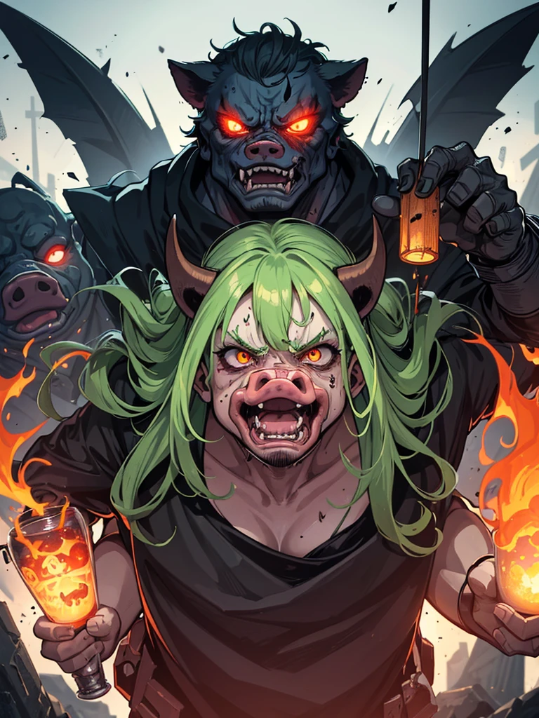  the face of a demonized and furious pig, half Cyborg and zombie. an angry pig with very bright eyes and smoke from its nose and green slime from its fanged snout.  fire and heavy metal guitars. It&#39;s a poster for a horror and horror movie, It&#39;s a nightmare image.