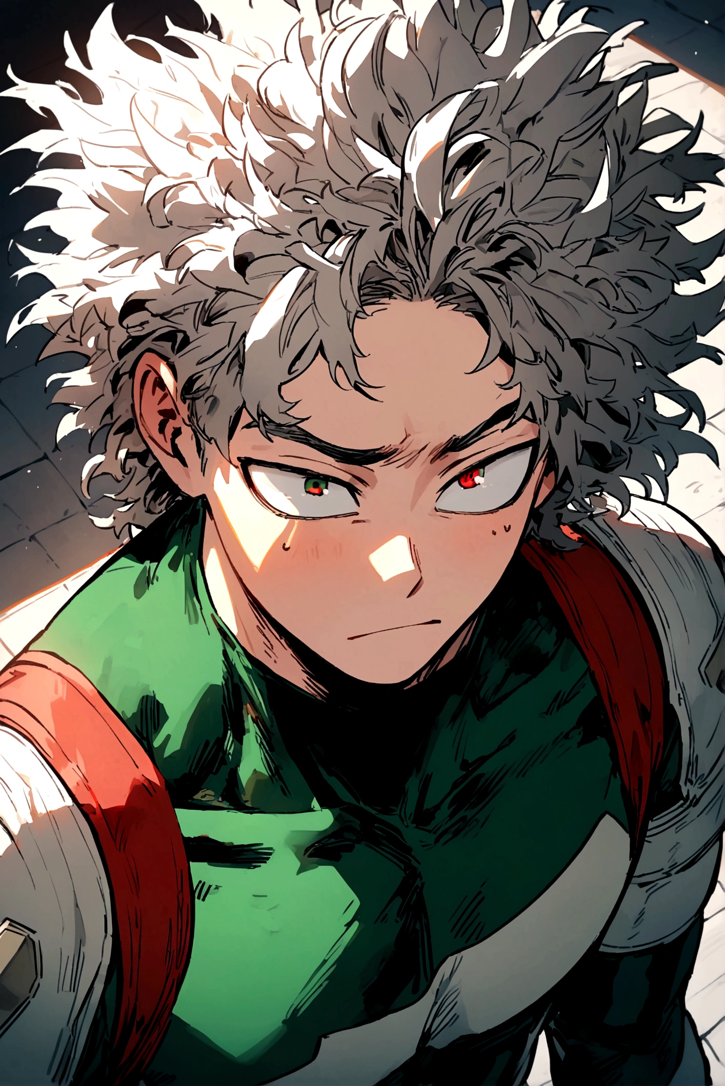 My hero academia, boy with half back half way messy hair with one green eye and one red eye, a tired expression