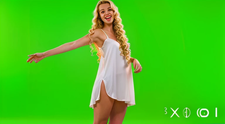 wide shot, (((3/4 left side view))))) of a full body 3/4 side view view profile portrait photo of a 25 y.o. beautiful european woman wearing (((white short summer dress ))),(((Long ((blonde curly hair)))),fit slim body, ((pale skin)), detailed long hair blown in the wind,(((she stands slightly splayed, outstreched arms down in side view))), full body photo, ((((standing in open "A" positure,))) (((left side view))))), wearing white short summer dress, skinny fit body, nice legs, studio photo,studio lighting, GREEN BACKGROUND,Full body portrait, lifelike texture, dynamic composition, high contrast, real human skin, (skin pores: 0.8), real human hands, detailed hair, studio photo, fashion photo, !!!!not nude!!!, not nsfw, neutral colors, natural lights, realistic textures, photorealistic, hyperrealistic, confident expression, determined, dramatic, ultra-high res, 8k uhd, dslr, analog, RAW, high quality, film grain, photogrphed on Nikon, Fujifilm XT3, 85mm F1.2, 1/80 shutter speed,