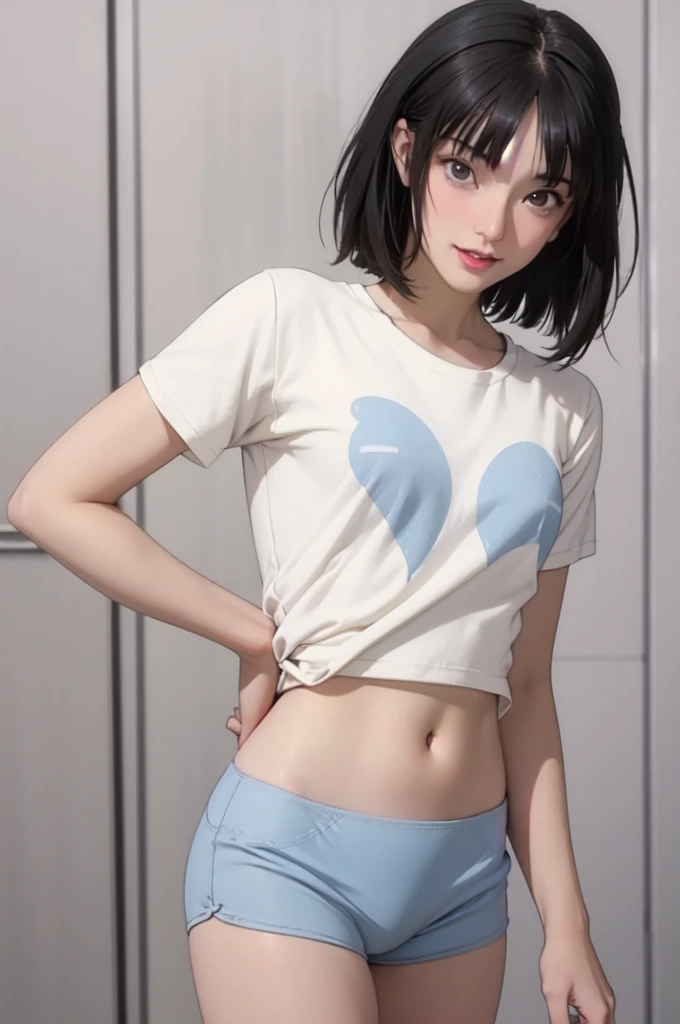 (masterpiece, best quality)),((highres:1.2)), 1 Girl, solo, Blurred Background, (((Small breasts))), Thighs, (Groin), gray stripe underwear, (long T-Shirts:1.3), (pixie cut:1.3), [[navel]], cheek, Excited pose