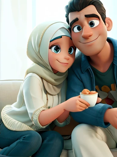 there is a man bread and woman with hijab sitting on a couch together, lovely couple, happy couple, couple, with her long, in love selfie, couple pose, from 8 k matte, panting, picture, scandy and arender, in love, in background, by Abidin Dino, full protrait, with wart, with ivy, potrait, Disney, 3d, animation disney, text disney, Disney, pixar, cartoon