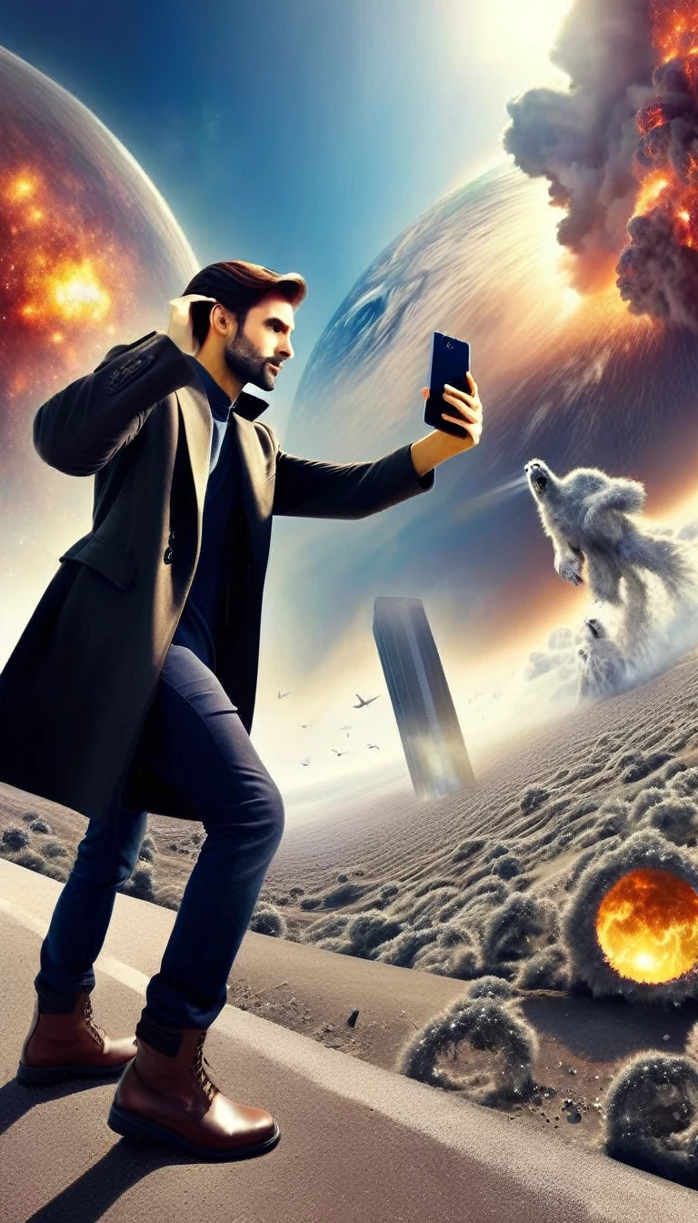 imagine of a man that take a selfie during the end of the world