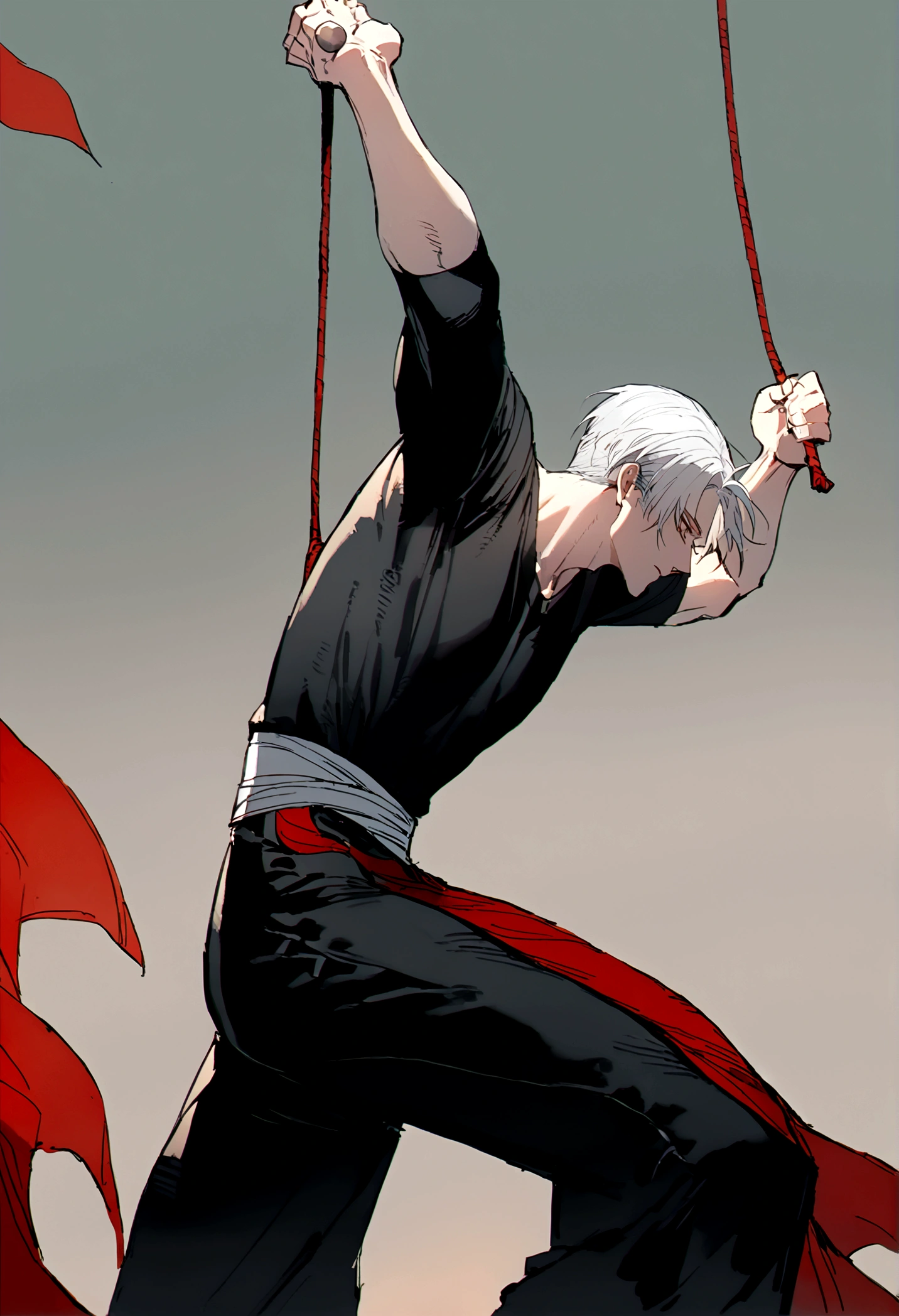 male boy white hair, black t-shirt, kung fu pants, dynamic pose, carrying a rock hanging from his back